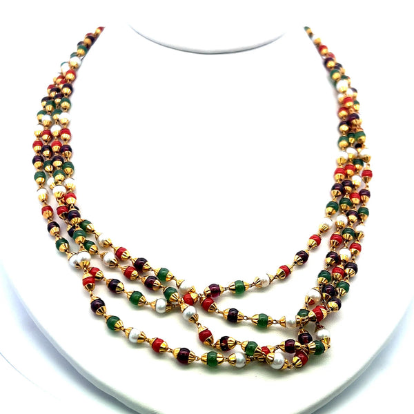 Vintage 22-Inch Jade, Coral, Pearl & Tourmaline Bead Necklace in 22K Yellow Gold