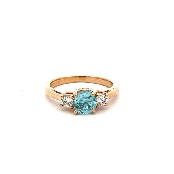 0.50 Carat Blue Zicron 0.20 Carat Round Diamond 14K YG Three-Stone Ring