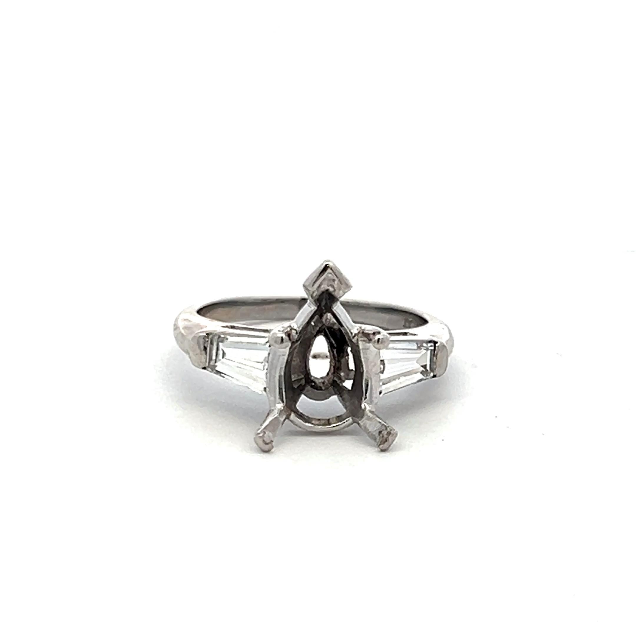 0.70 Carat Tapered Baguette Shape F VS Diamond Platinum Semi Mount Ring
