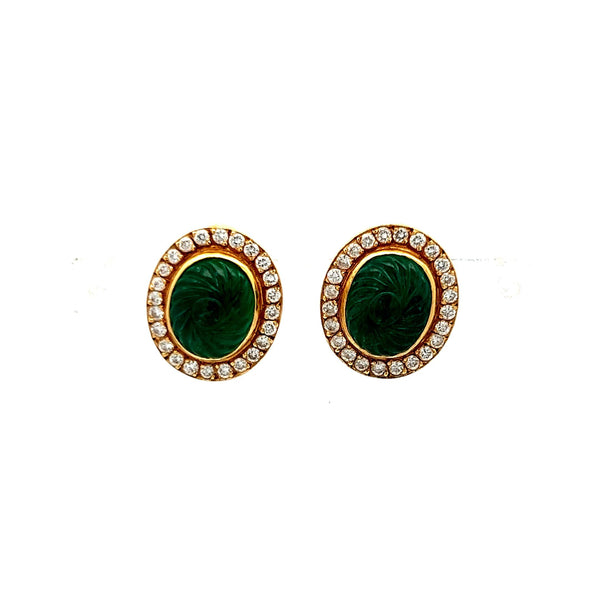 9.5-8.5MM Emerald 0.78 Carat Round Diamond 18 Karat Yellow Gold Stud Earrings