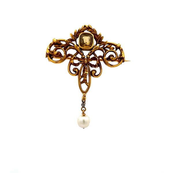 1.00 Carat Citrine 5.8MM Pearl 0.01 Carat Diamond 18K Yellow Gold Pin Brooch