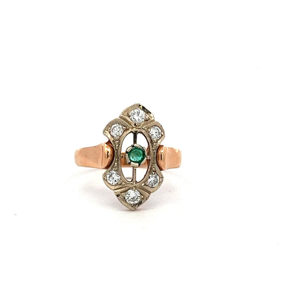 0.22 Carat Old European Diamond 0.10 Carat Emerald 14K Rose Gold Art-Deco Ring