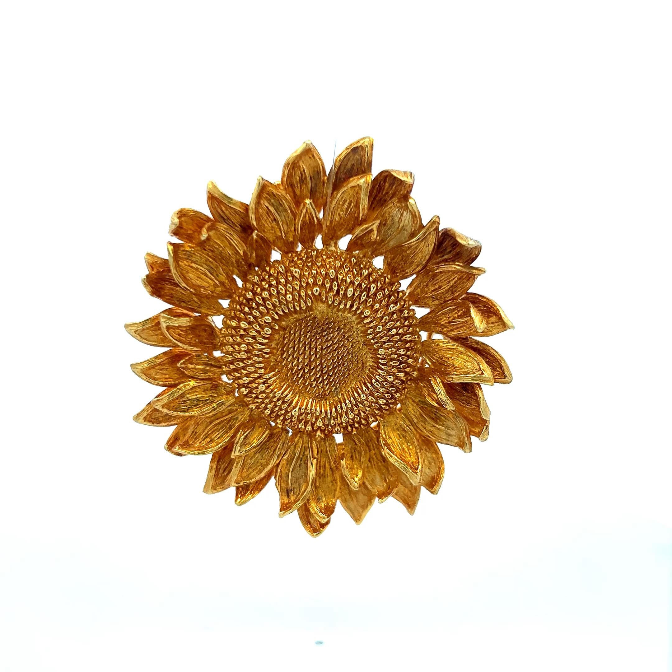 Asprey Vintage 66.20 Grams 18 Karat Yellow Gold Sunflower Pin Brooch