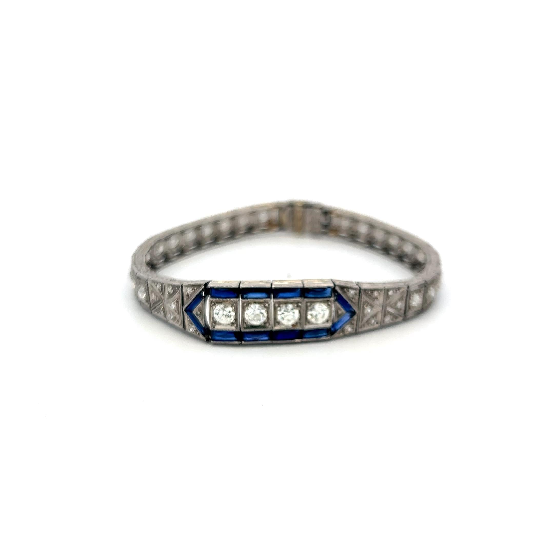2.00 Carat Old European Diamond 1.20 Carat Sapphire Platinum Art-Deco Bracelet