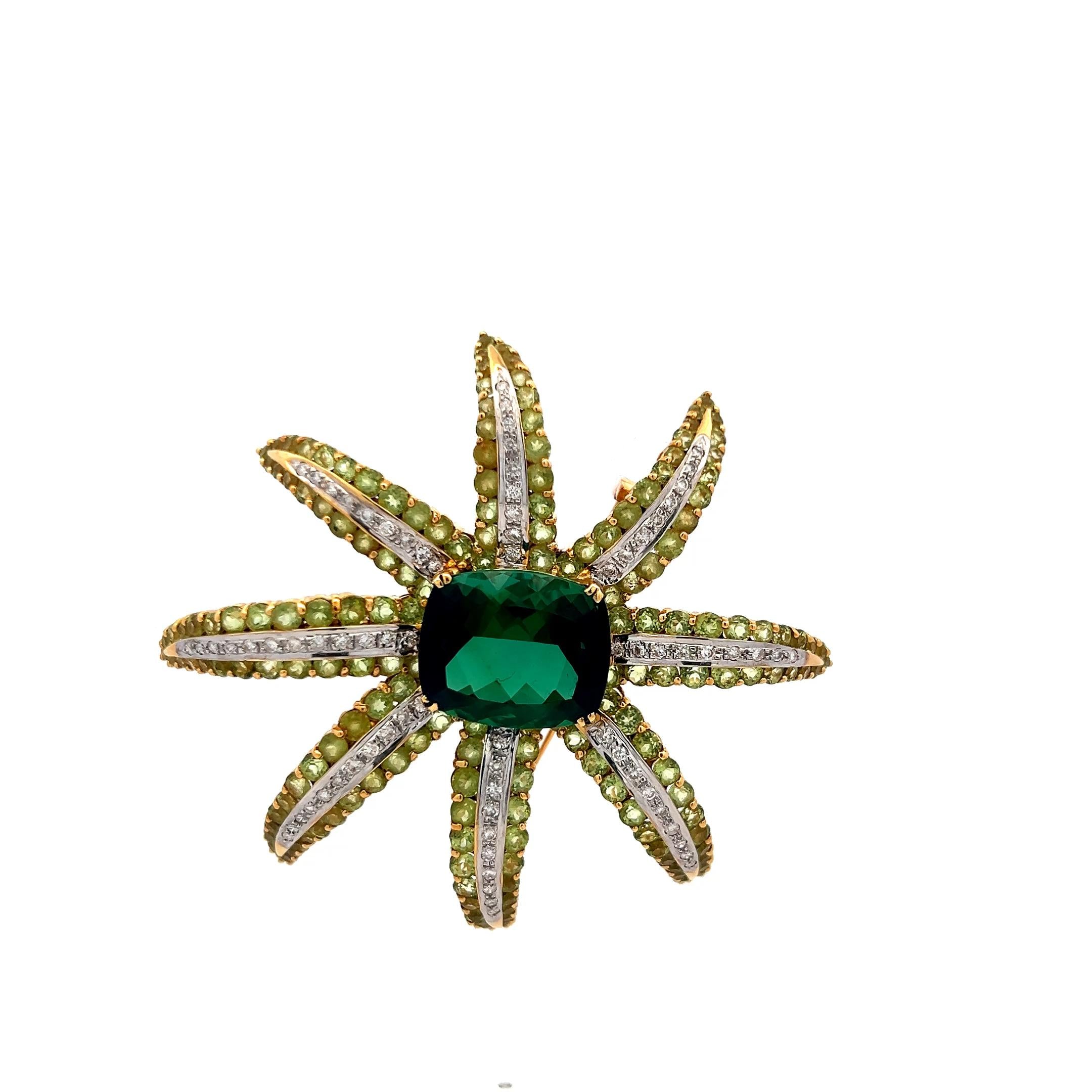 19.05 Carat Tourmaline 16.12 Carat Peridot 1.38 Carat Diamond 18K YG Pin Brooch