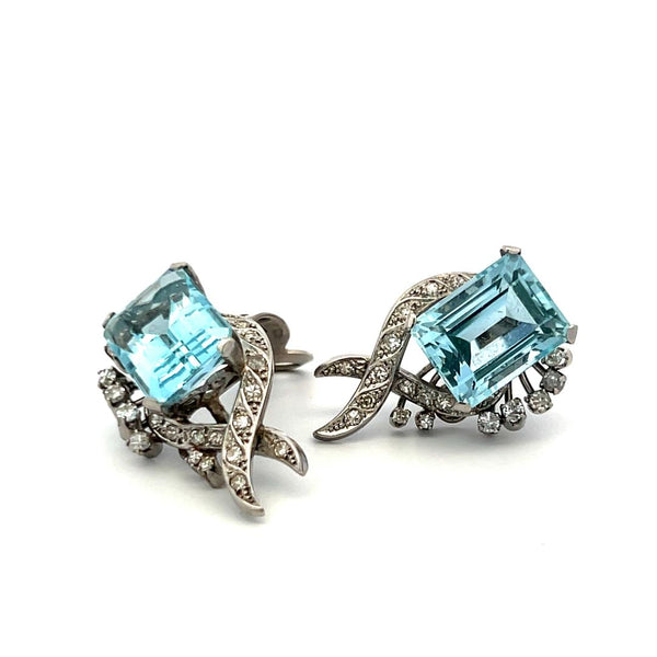 16.00ct Aquamarine & 0.64ct Diamond 18K White Gold Emerald Cut Clip-On Earrings