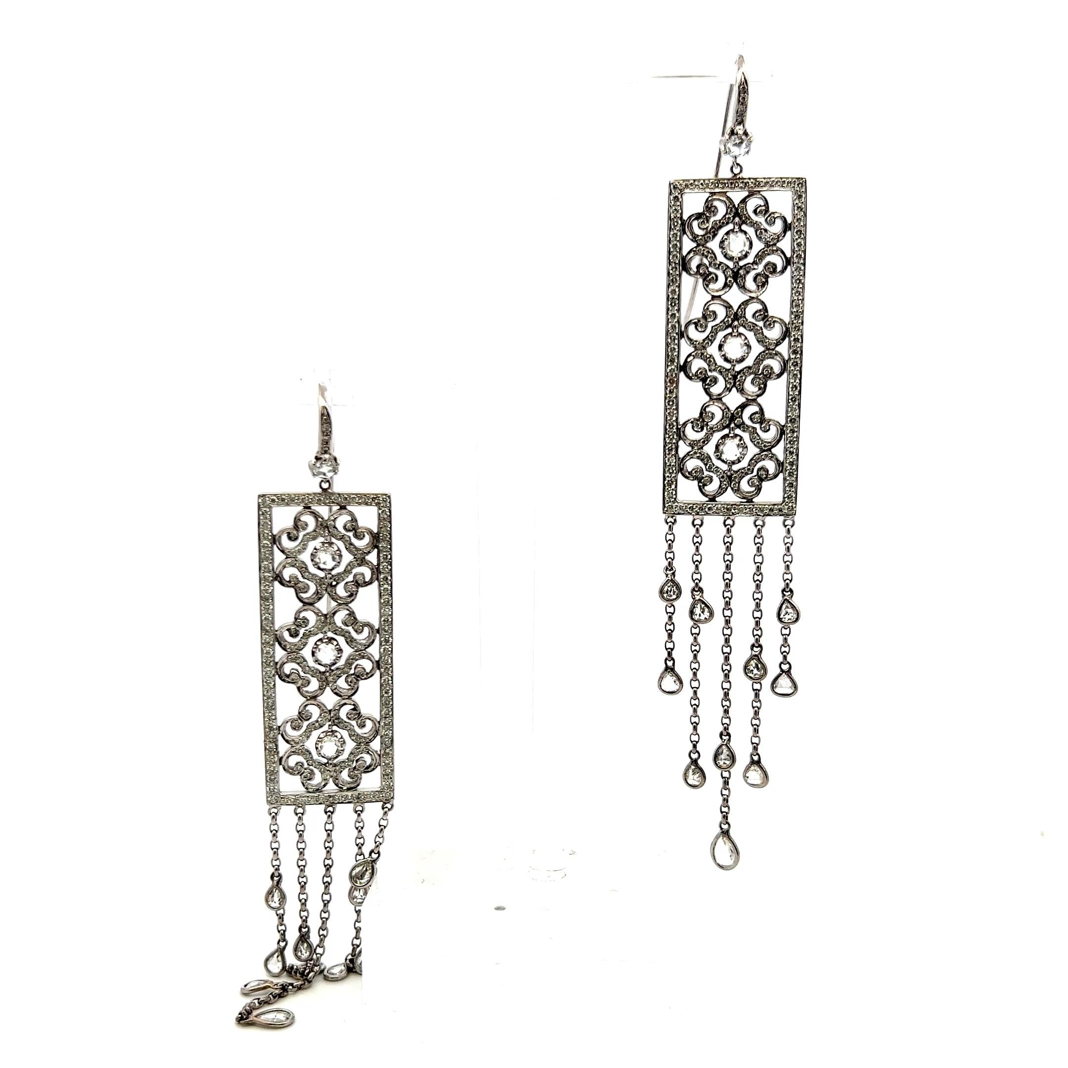 Vintage 18K White Gold Dangling Earrings with 3.43 Carat Mixed Cut G VS Diamonds