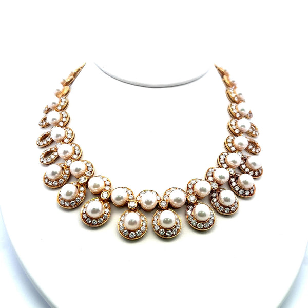 10.00 Carat Round Brilliant Diamond 7.8-8.5MM  Pearl 18K YG Statement Necklace