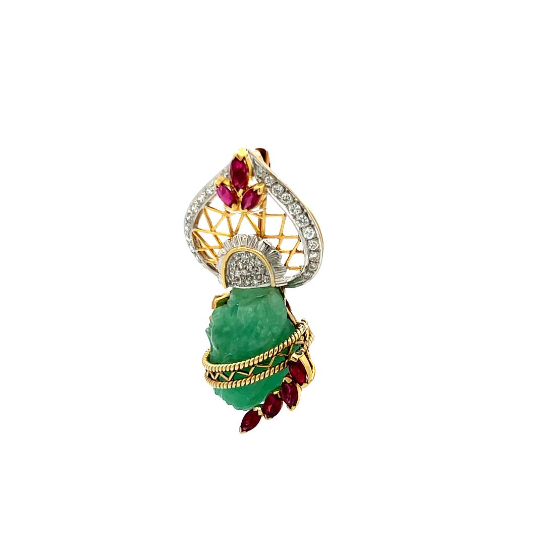 16.3-13.7MM Jade 0.38 Carat Garnet 0.25 Carat Diamond 14K Gold Pin Brooch
