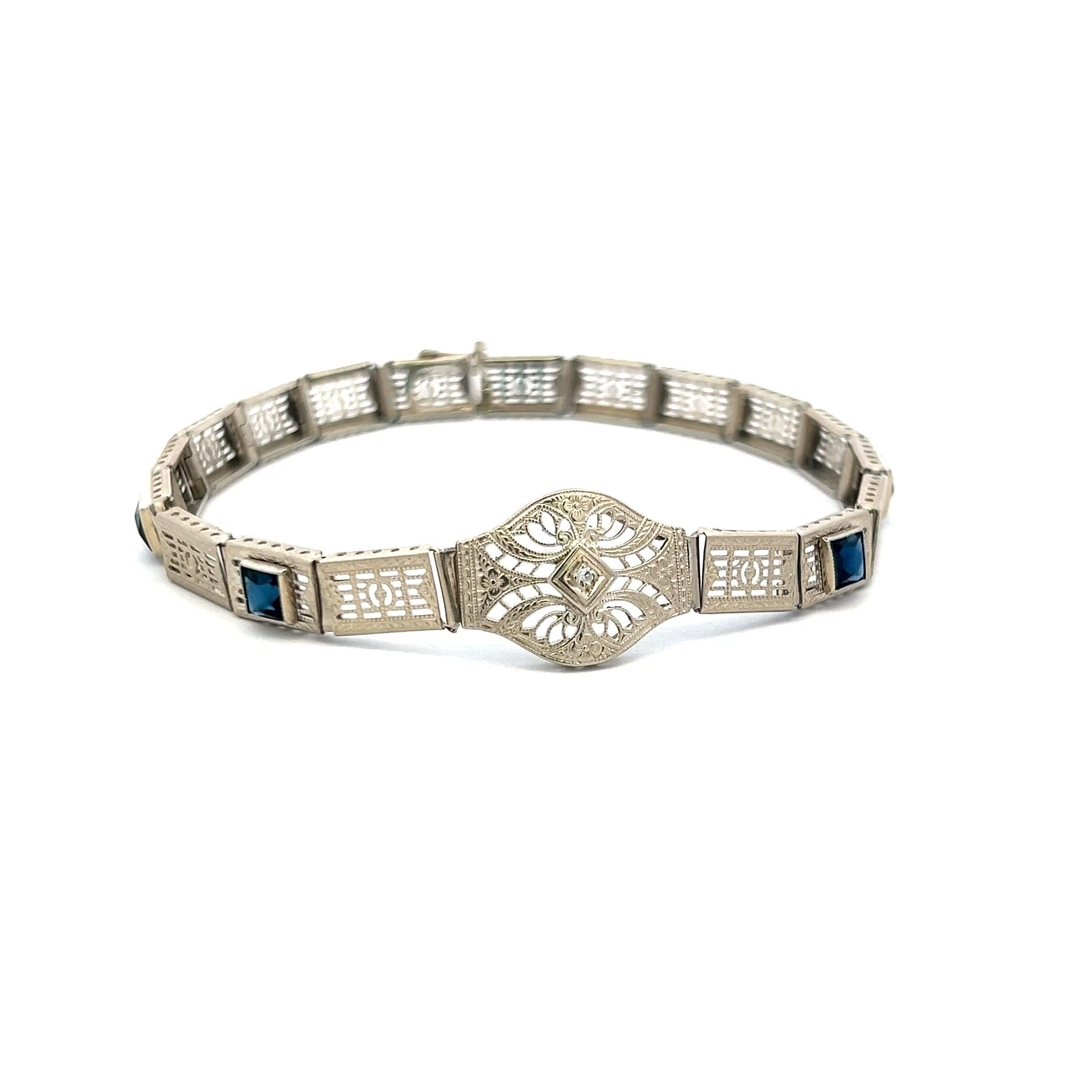 Vintage 14K White Gold Filigree Bracelet with 0.02 Ct Diamond and 1 Ct. Sapphire