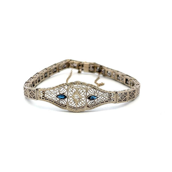 0.15 Carat Sapphire 0.02 Carat Old European Diamond 14K WG Filigree Bracelet