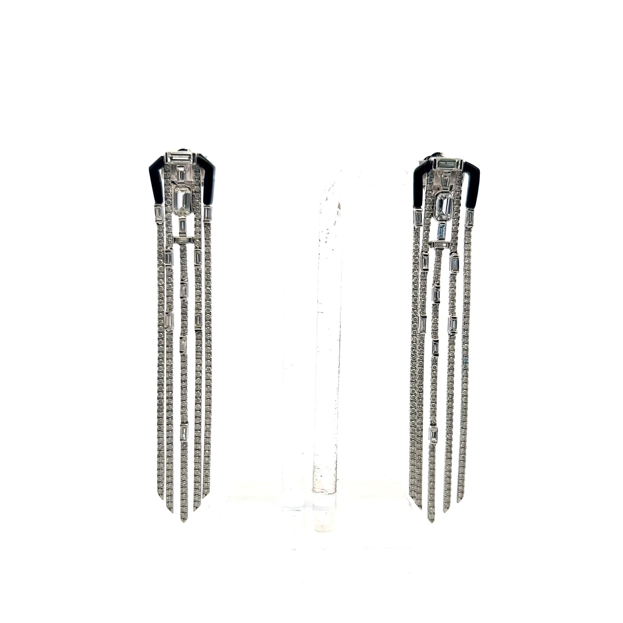 4.50 Carat Round and Baguette Diamond 18 Karat White Gold Dangling Earrings