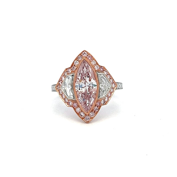 3.12 Carat Marquis Shape and Round Light Pink Diamond 18K Gold Engagement Ring