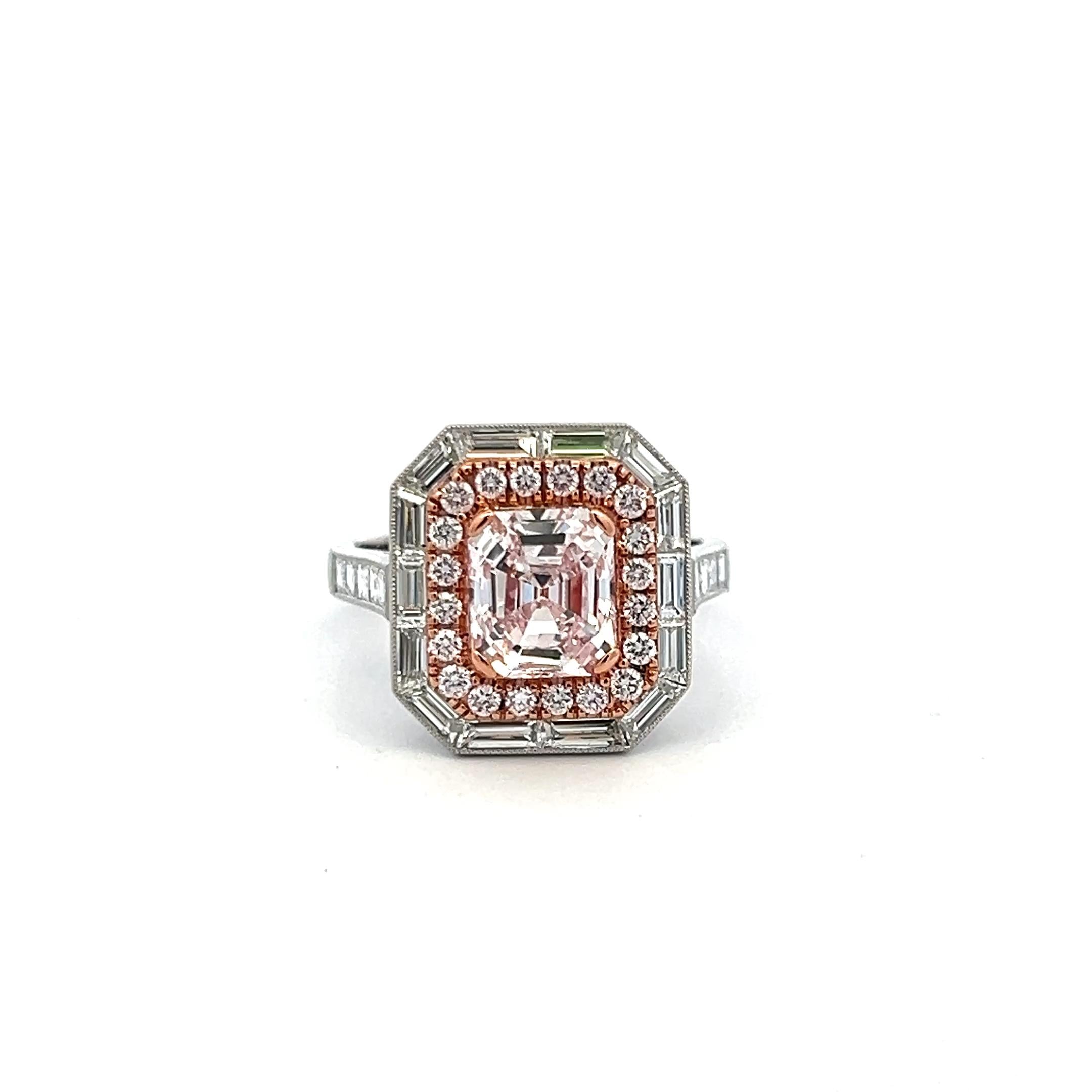 1.70 Carat Emerald Cut Very light Pink IF Diamond 18K Gold Plat Engagement Ring