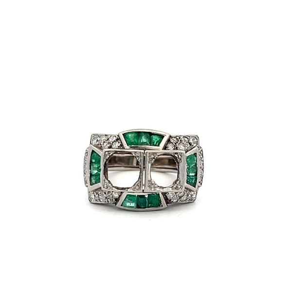 1.00 Carat Emerald 0.56 Carat Old European Cut Diamond Platinum Semi Mount Ring