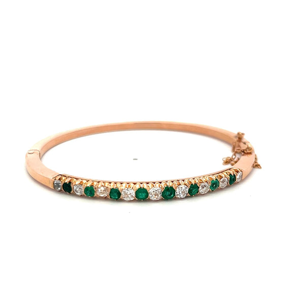 1.35 Carat Old European Diamond 1.20 Carat Emerald 18K Rose Gold Bangle Bracelet