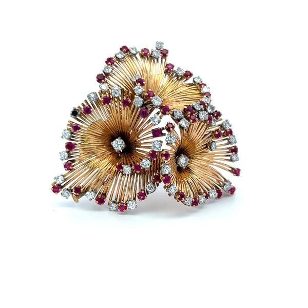 2.50 Carat Round Diamond 1.90 Carat Ruby 18 Karat Yellow Gold Pin Brooch