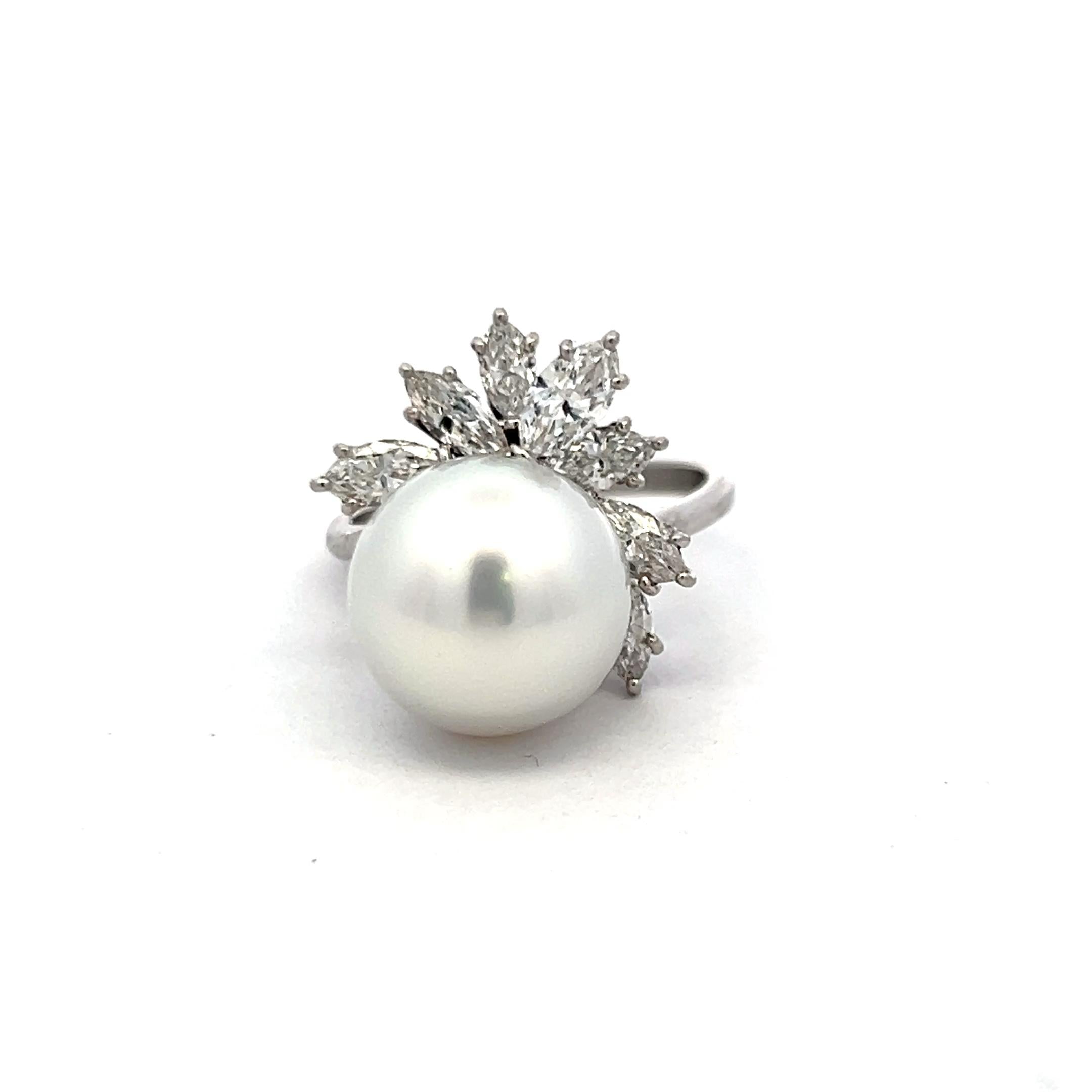 Platinum Cocktail Ring with 1.4 Carat Marquis Diamonds & 12.1-12.7 MM Pearl