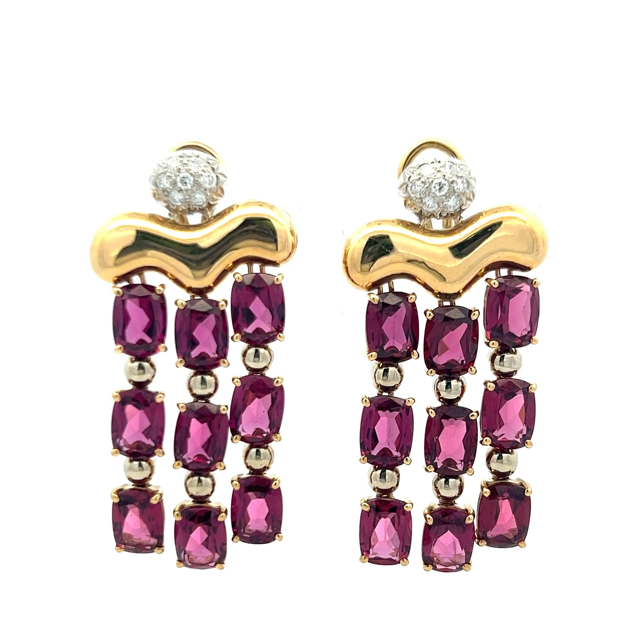 24.50 Carat Rube 0.30 Carat Round Brilliant Diamond 18K YG Dangling Earrings