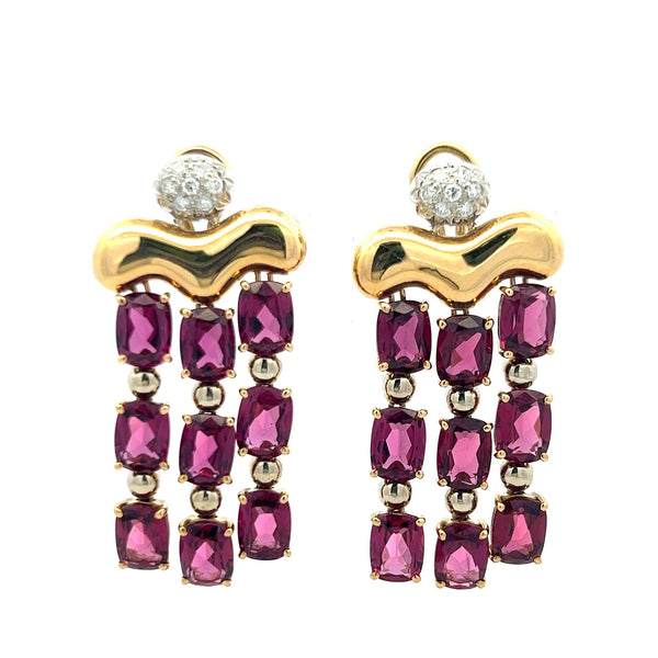 24.50 Carat Rube 0.30 Carat Round Brilliant Diamond 18K YG Dangling Earrings