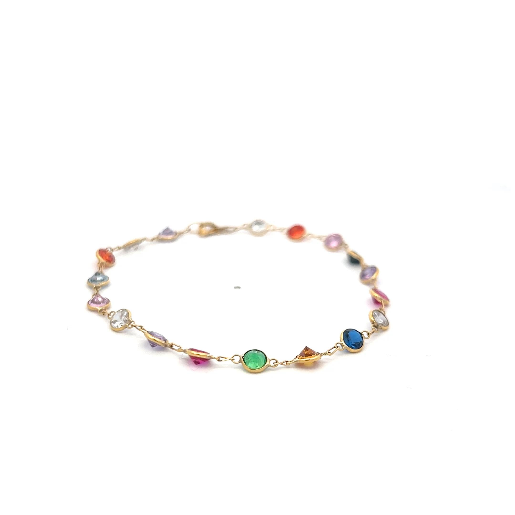 Vintage 18 Karat Yellow Gold Chain Bracelet with Multicolo Gemstones 2.3 Grams