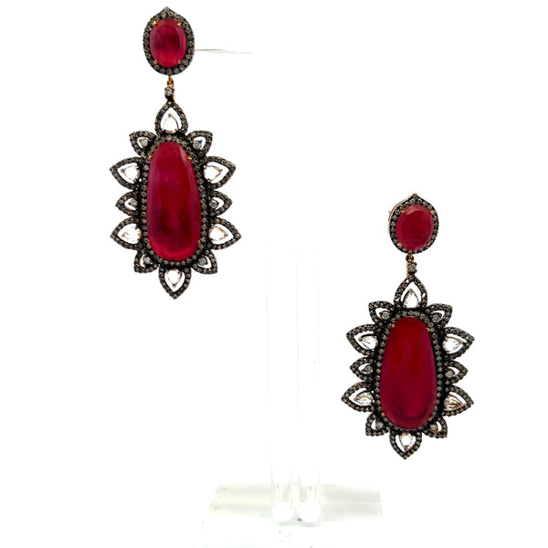 3.90 Carat Round-Pear Shape Diamond 26.5-11.9 MM Ruby 18K Gold-Silver Earrings