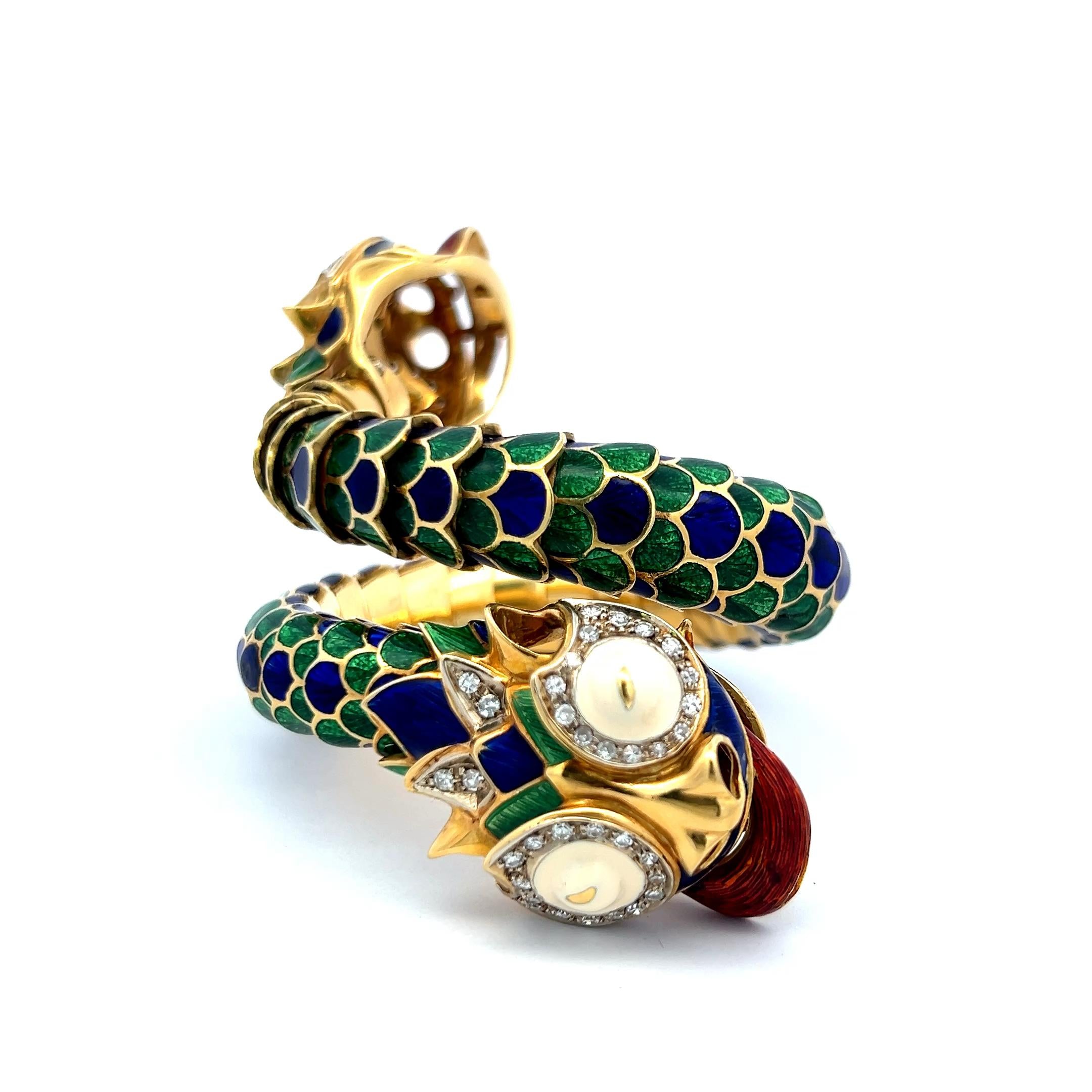 David Webb Vintage 18K Yellow Gold Enamel Dragon Bangle Bracelet 147.5 Grams