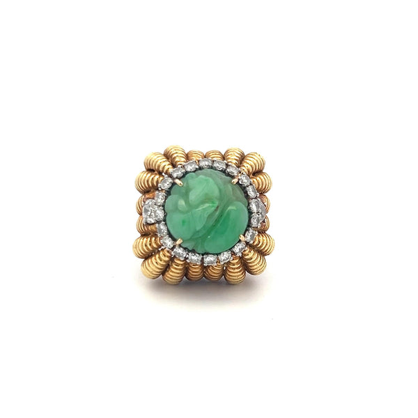 Vintage Old European Cut Diamond & Natural Jade Cocktail Ring in 18K Yellow Gold