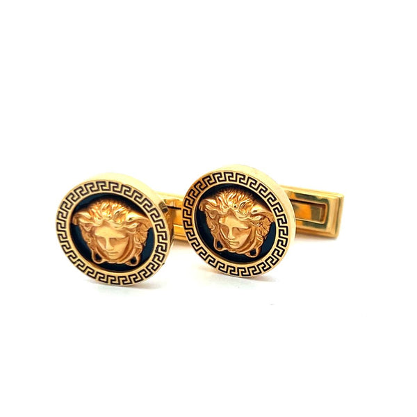 Versace Medusa Gold and Black Cufflinks with Greek Key Border – Luxury Style