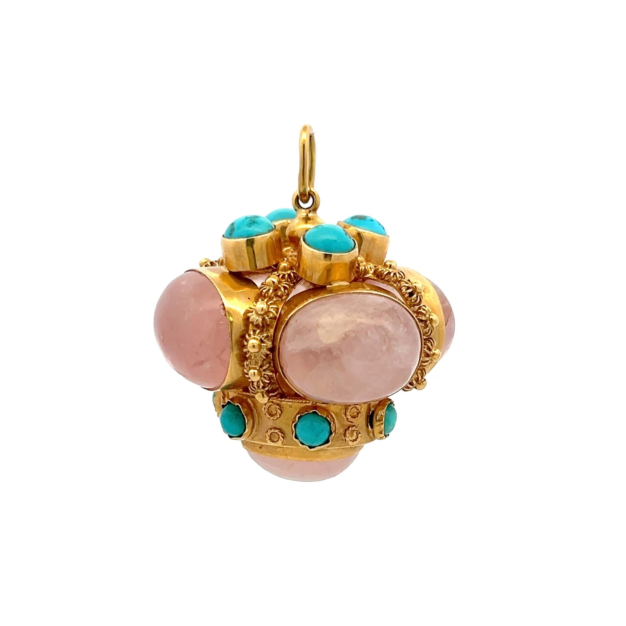 Vintage 18K Yellow Gold Pendant with Quartz and Turquoise Stones