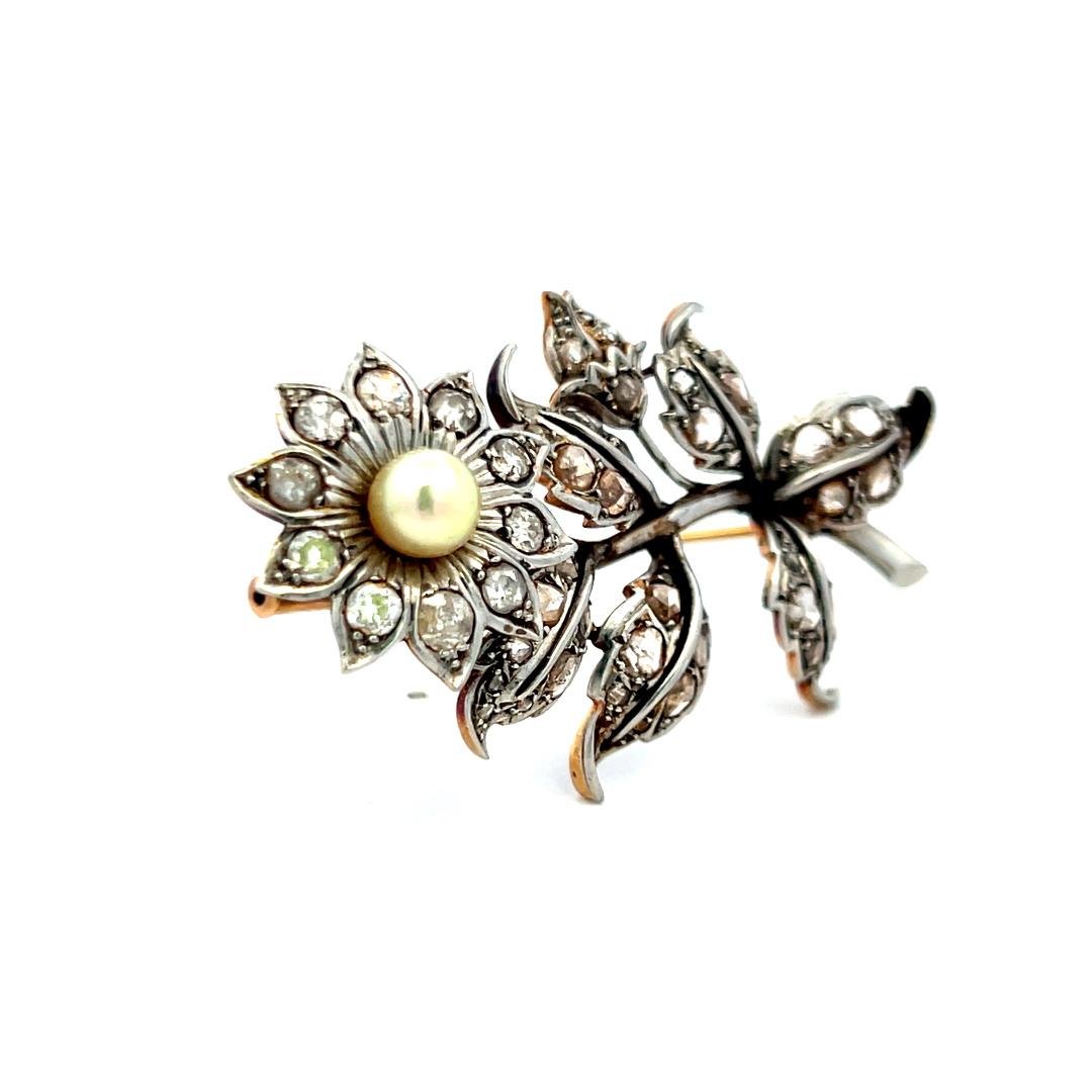 Vintage 1.40ct Rose Cut Diamond Pin Brooch in 18K Two-Tone Gold & Platinum