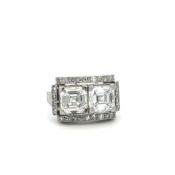 4.79ct Asscher Cut F VS1 Diamond 18K White Gold Art Deco Two-Stone Ring