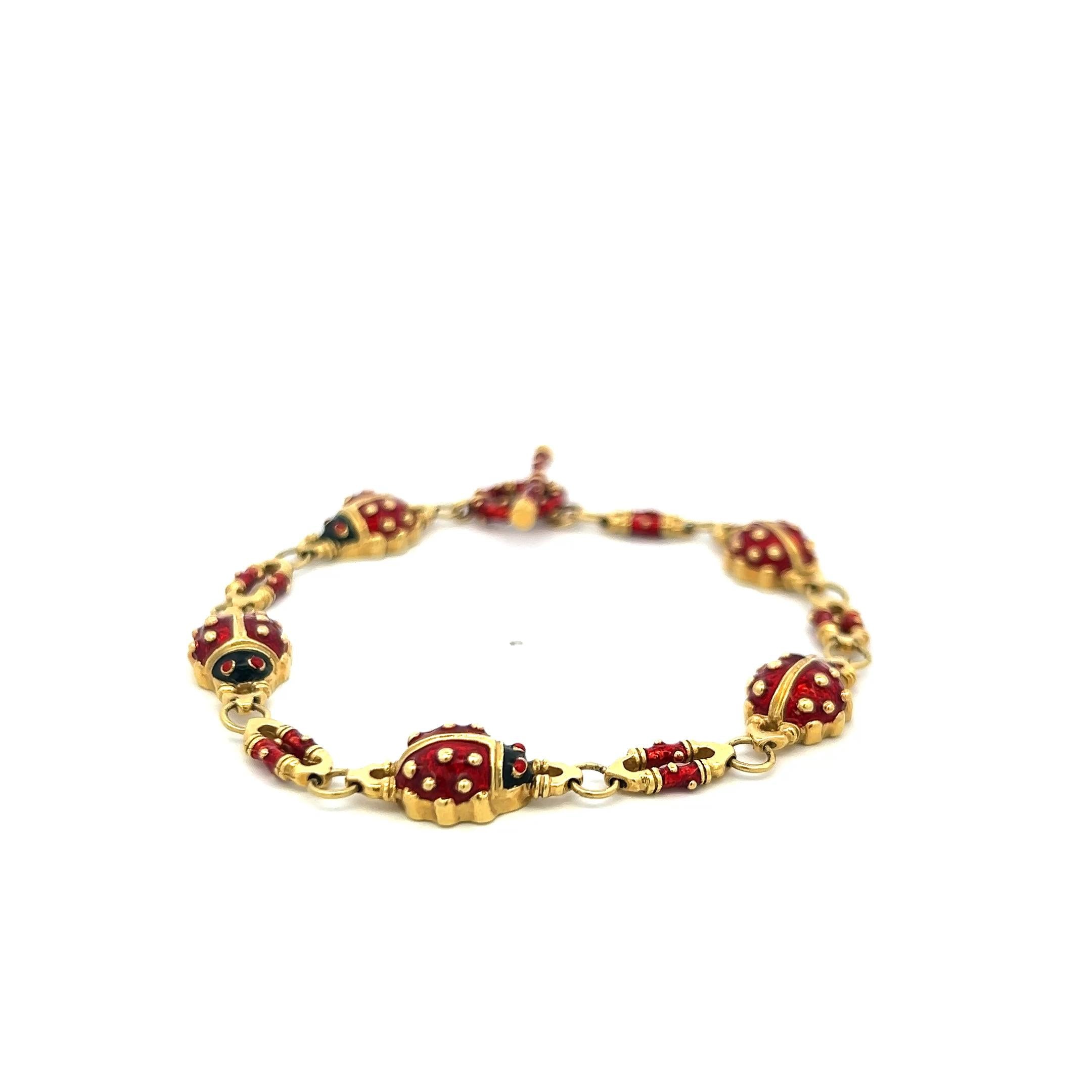 Hidalgo 18K Yellow Gold Ladybug Enamel Link Bracelet – 22.08 Grams