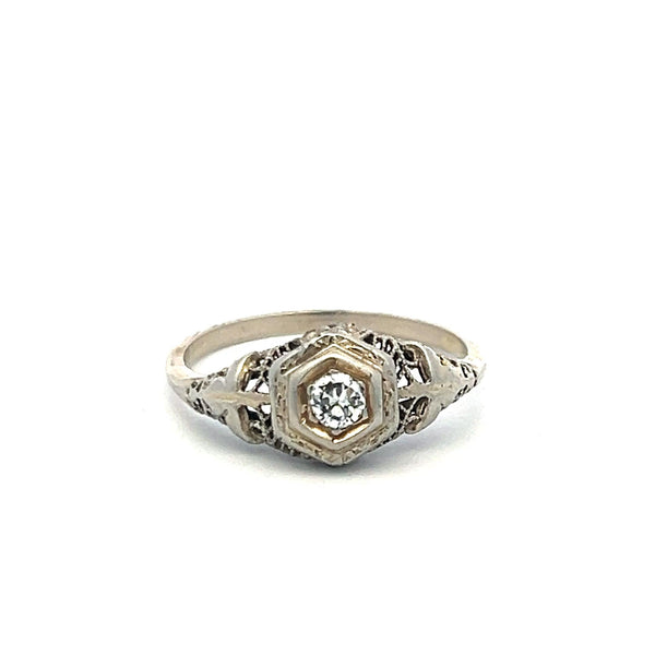 0.15ct Old European Cut Diamond White Gold Art Deco Ring (F VS)
