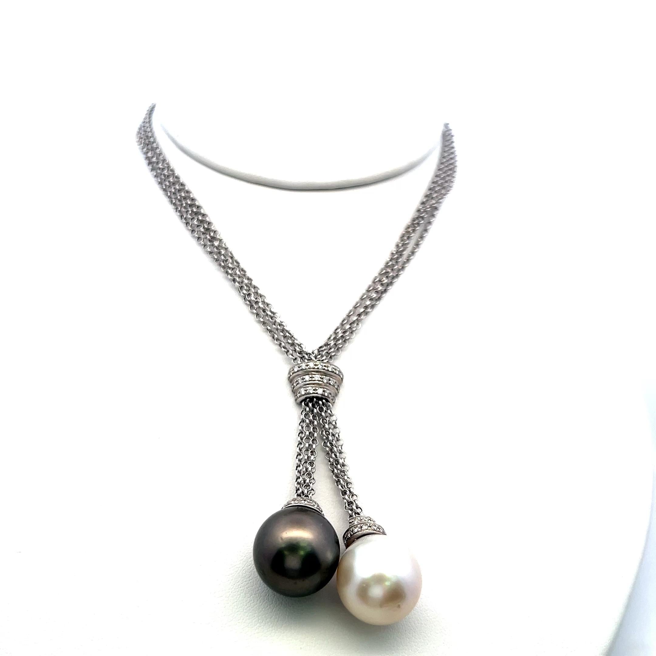 Tahitian & South Sea Pearl Diamond 18K White Gold Two Drop Pendant Necklace