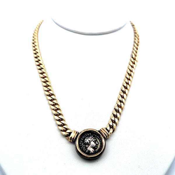 18K Yellow Gold Heavy Curb Link Necklace with Ancient Roman Coin Pendant