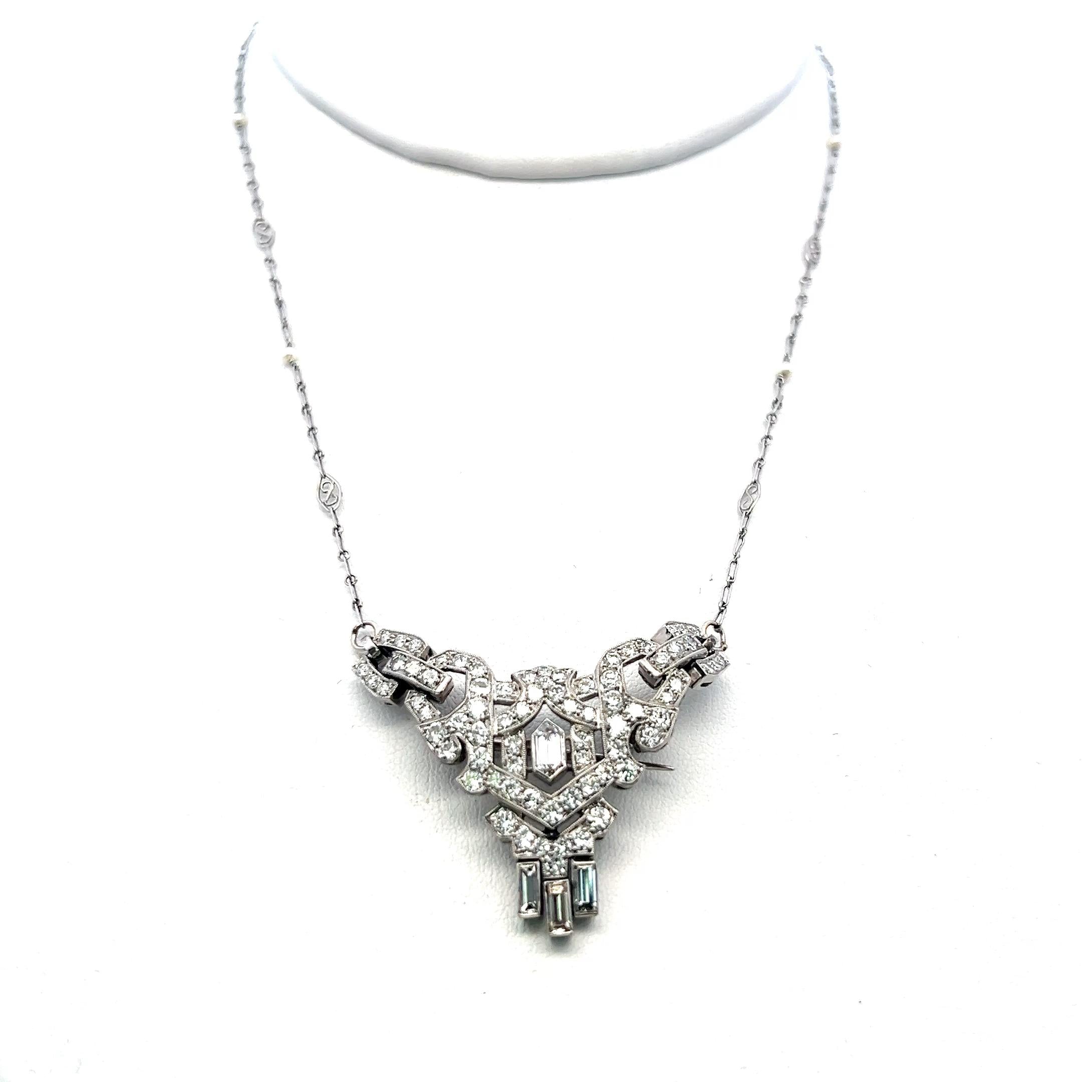 Platinum Pendant Necklace Pin Brooch 2.77ct Mixed Cut H VS Diamonds & Pearls