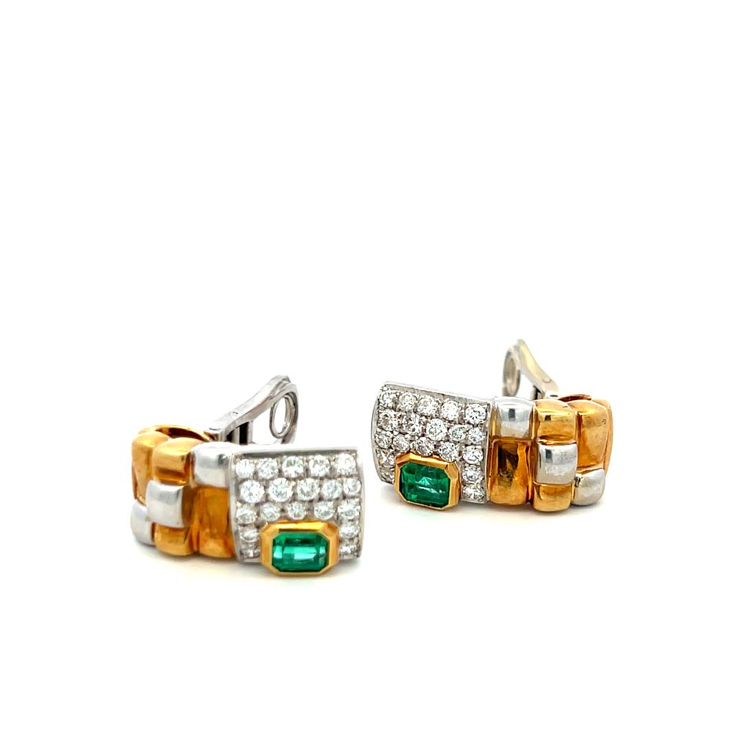 18K Two-Tone Gold Clip-On Earrings with 1.15 Carat Diamonds & 0.9 Carat Emerald