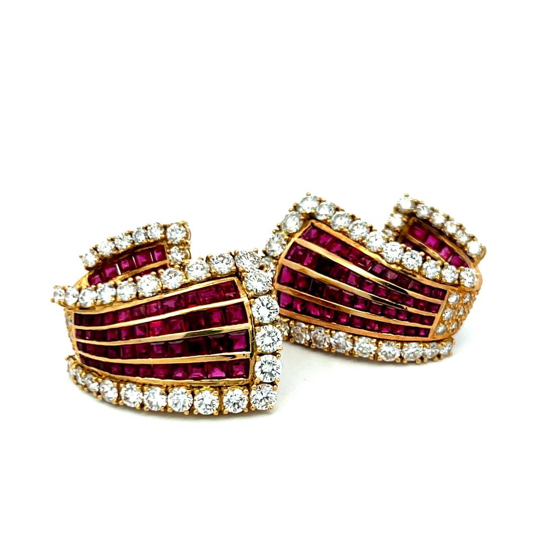 18K Yellow Gold 6.85ct Diamond & 5.78ct Ruby Princess Cut Clip-On Earrings