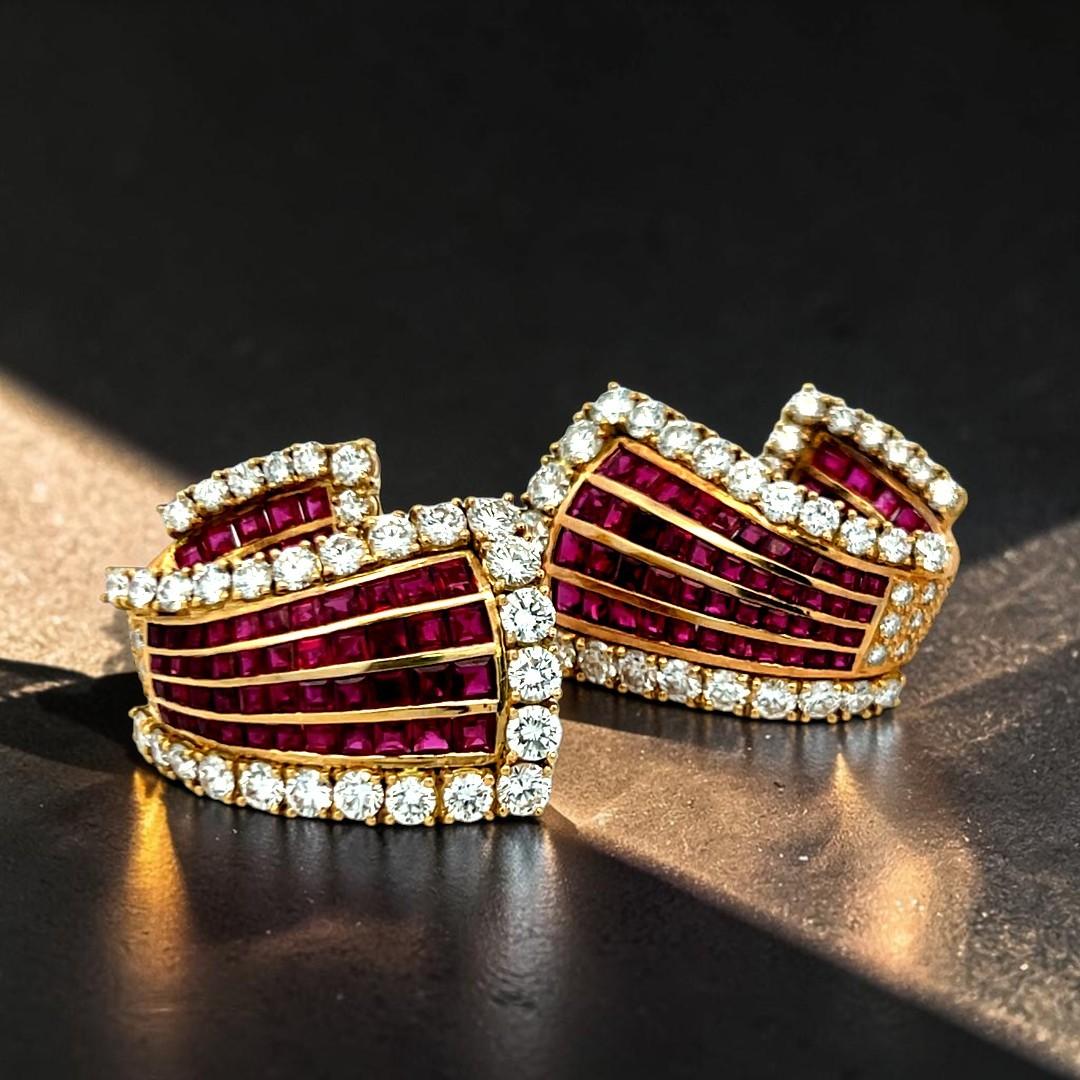 Vintage 18K Yellow Gold Clip-On Earrings with 6.85ct Round Diamond & 5.78ct Ruby