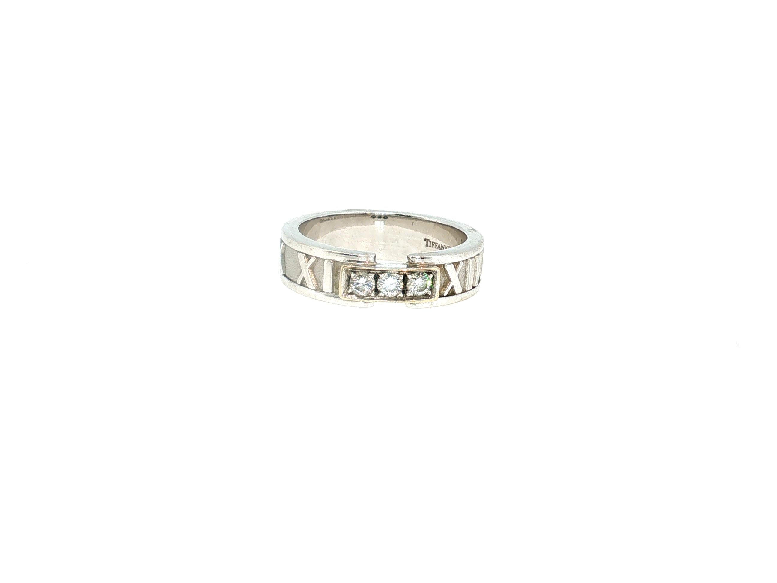 Tiffany & Co Atlas 18K WG Band Ring 0.12 Carat Round F VS Diamonds Size 6.5
