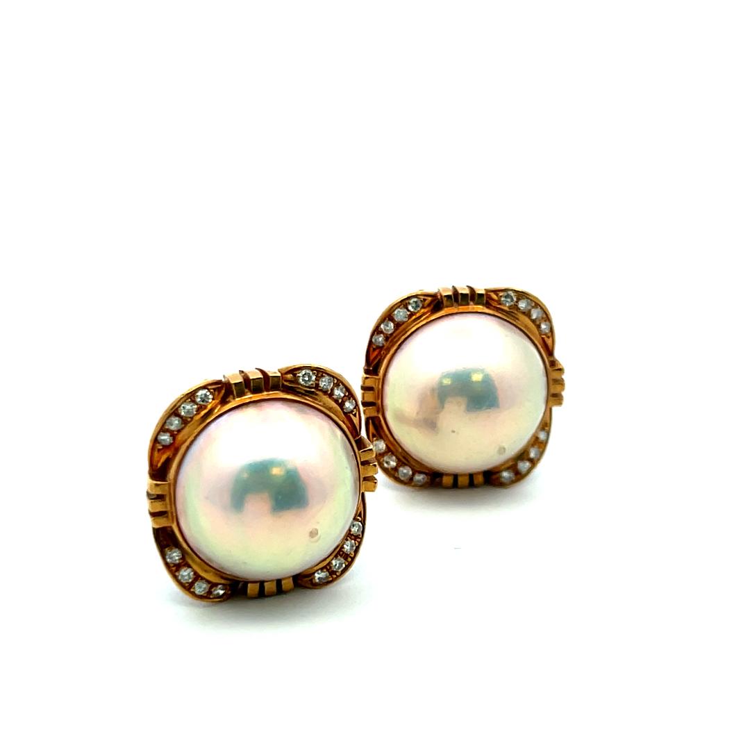 Vintage 1.00ct Pearl & 0.16ct Diamond Clip-On Earrings in 18K Yellow Gold