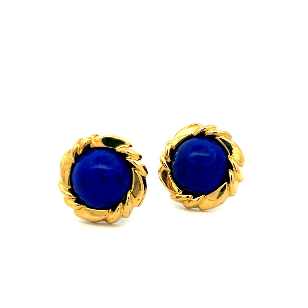 .8 MM Lapis Lazuli 18K Yellow Gold Clip-On Earrings – Vintage Blue Cabochon Stud