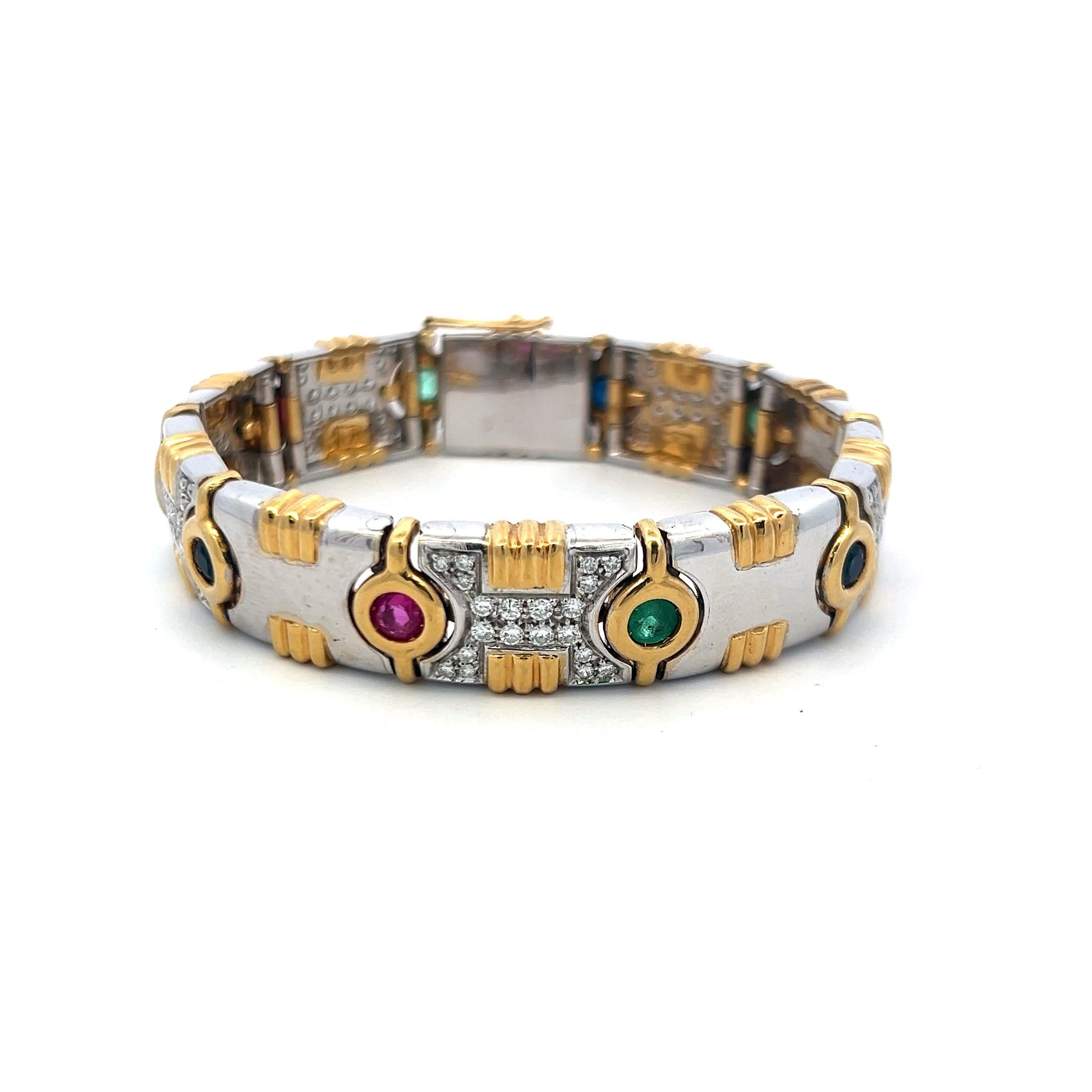 1.20ct Diamond, 0.80ct Emerald, 0.60ct Ruby & Sapphire Link Bracelet in 18K Gold