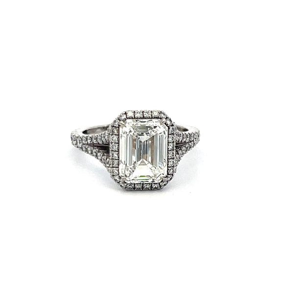 3.14ct Emerald Cut G VS2 Diamond Halo Engagement Ring in Platinum with GIA
