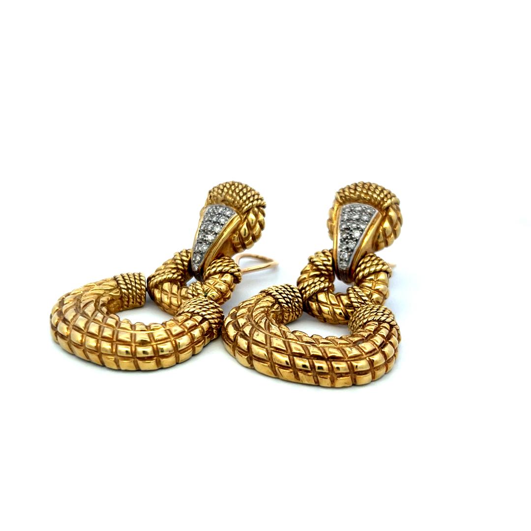 Vintage 0.36ct Round Brilliant Diamond 18K Yellow Gold Textured Drop Earrings