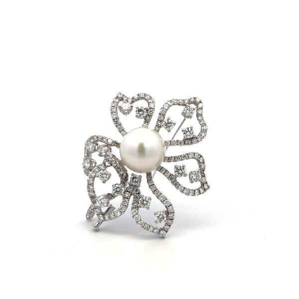 7.50ct Diamond and 15mm Pearl 18K White Gold Vintage Floral Pin Brooch