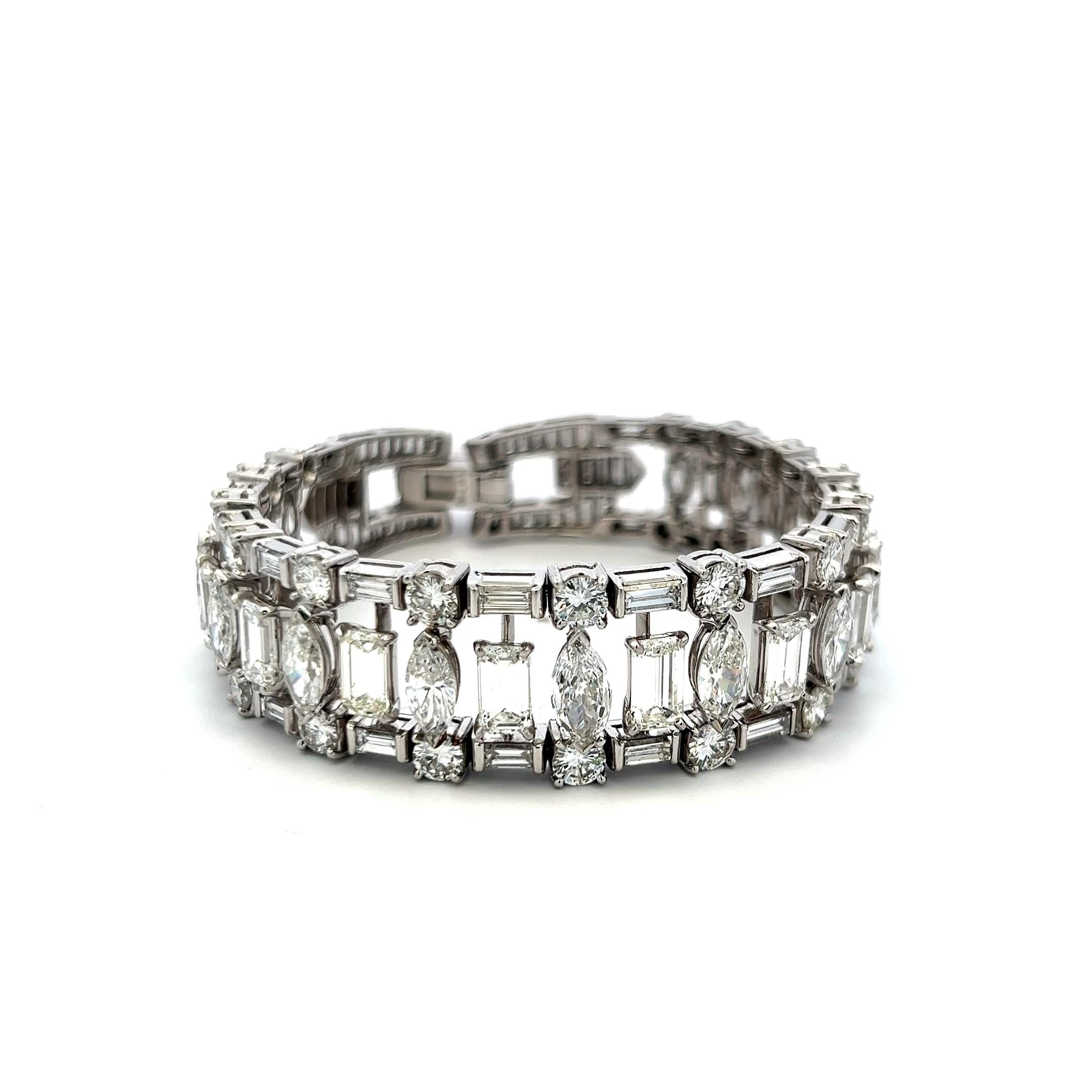 32.00ct Diamond Platinum Wide Bracelet with Emerald, Marquise, Baguette & Round