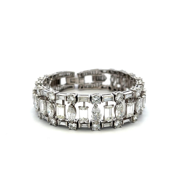 32.00ct Diamond Platinum Wide Bracelet with Emerald, Marquise, Baguette & Round