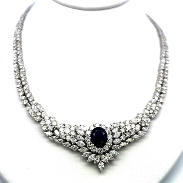 5.00ct Sapphire 34.00ct Diamond 18K White Gold Riviera Necklace